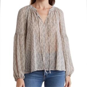 NWOT elegant blu pepper grey sheer wheat feather blouse top
